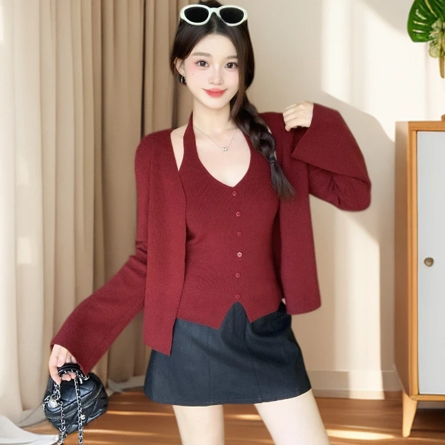 辣妹风纯色挂脖背心开衫显瘦半身裙搭配休闲2025秋季大码女装新款