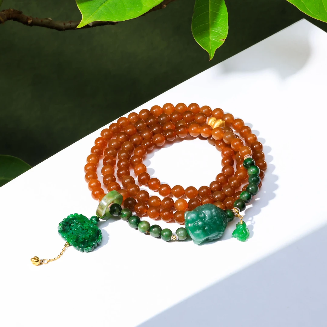 【意婵】《无事人》6mm18k金108珠新疆和田玉且末糖多圈缅A翡翠917373