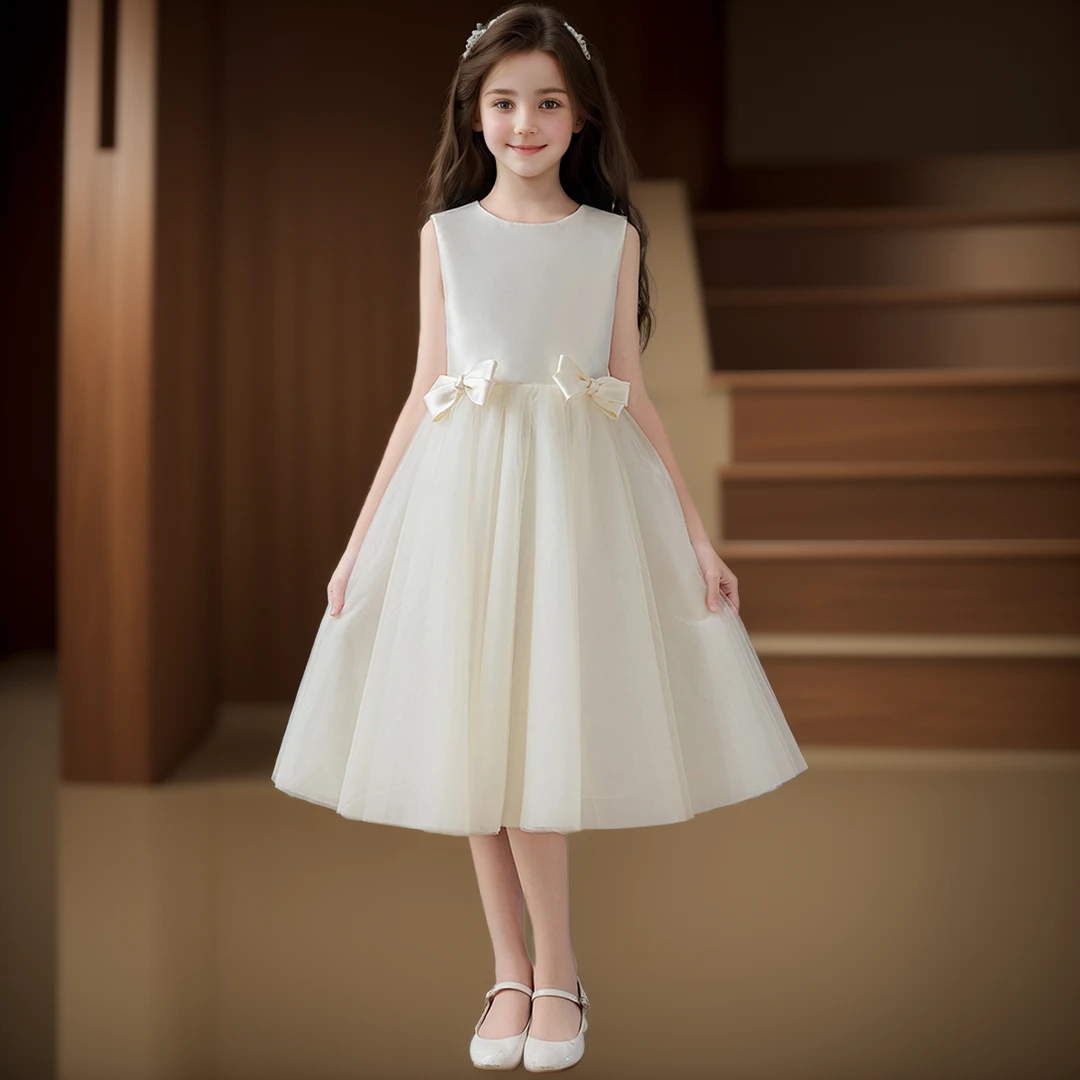 女童主持人礼服花童高级白色缎面钢琴演奏小女孩生日party公主裙
