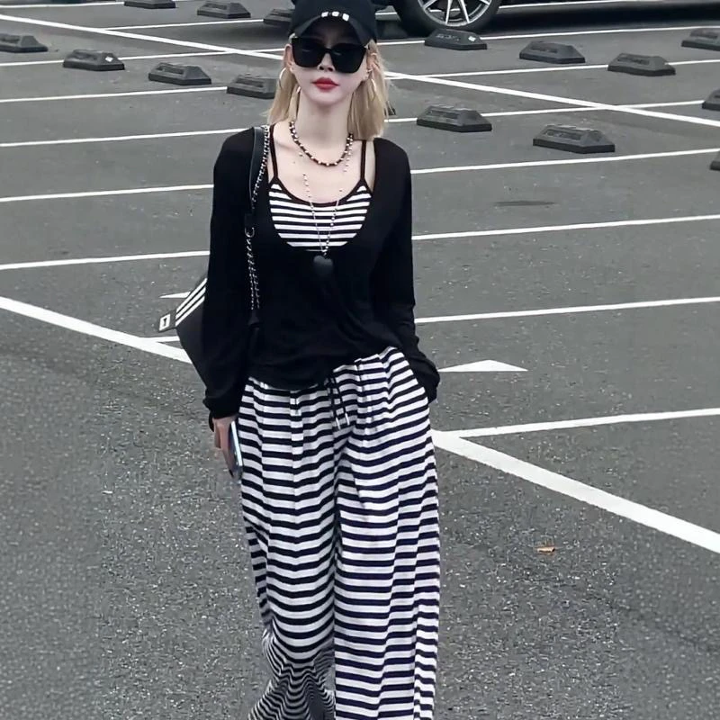 XY2025早秋新款辣妹套装女防晒罩衫吊带背心休闲运动阔腿裤三件套