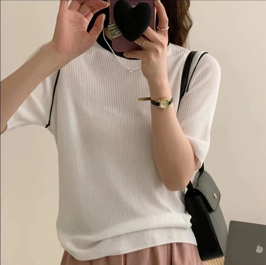 【短袖 · 合集 · 清】韩版休闲宽松镂空针织衫条纹短袖套头上衣女