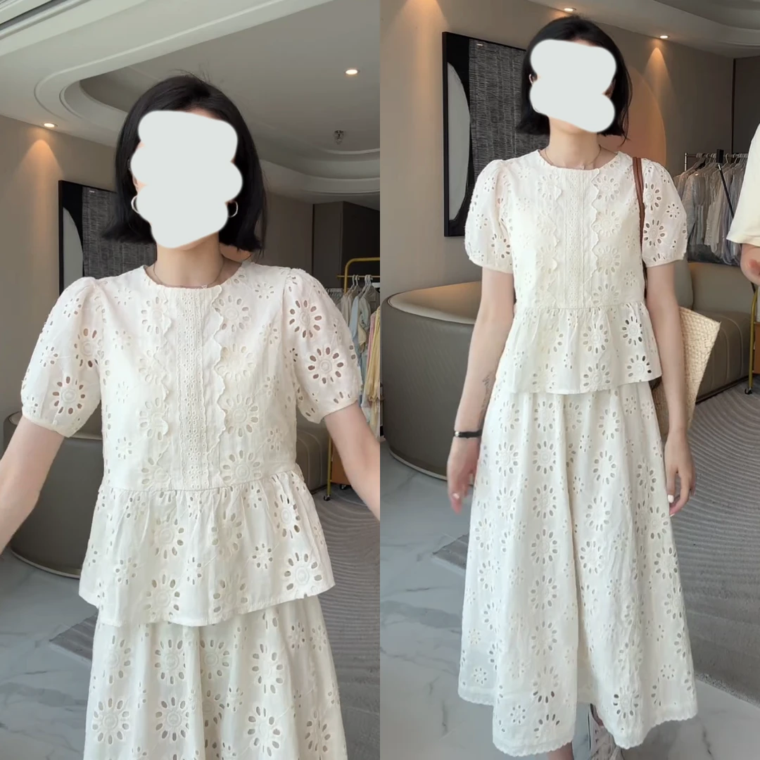 欧若风韩系太阳花短袖上衣镂空半裙套装时尚气质两件套夏季
