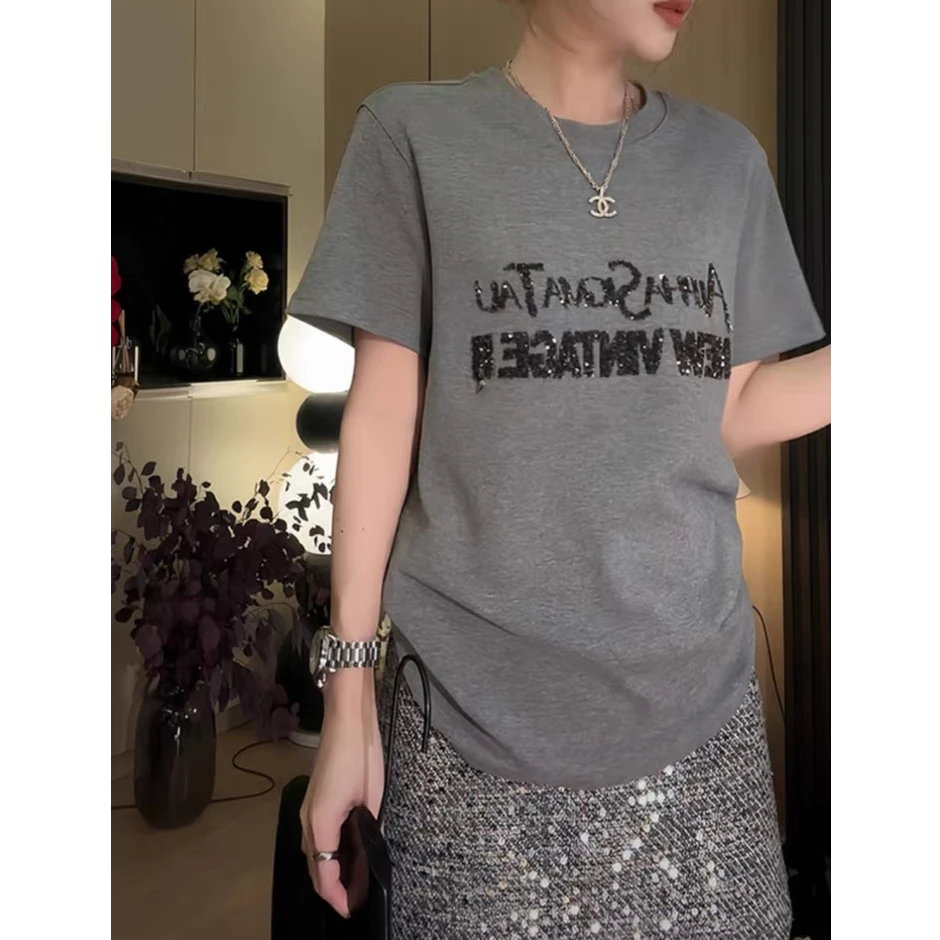 【蜜爷家】设计感亮片正肩短袖t恤