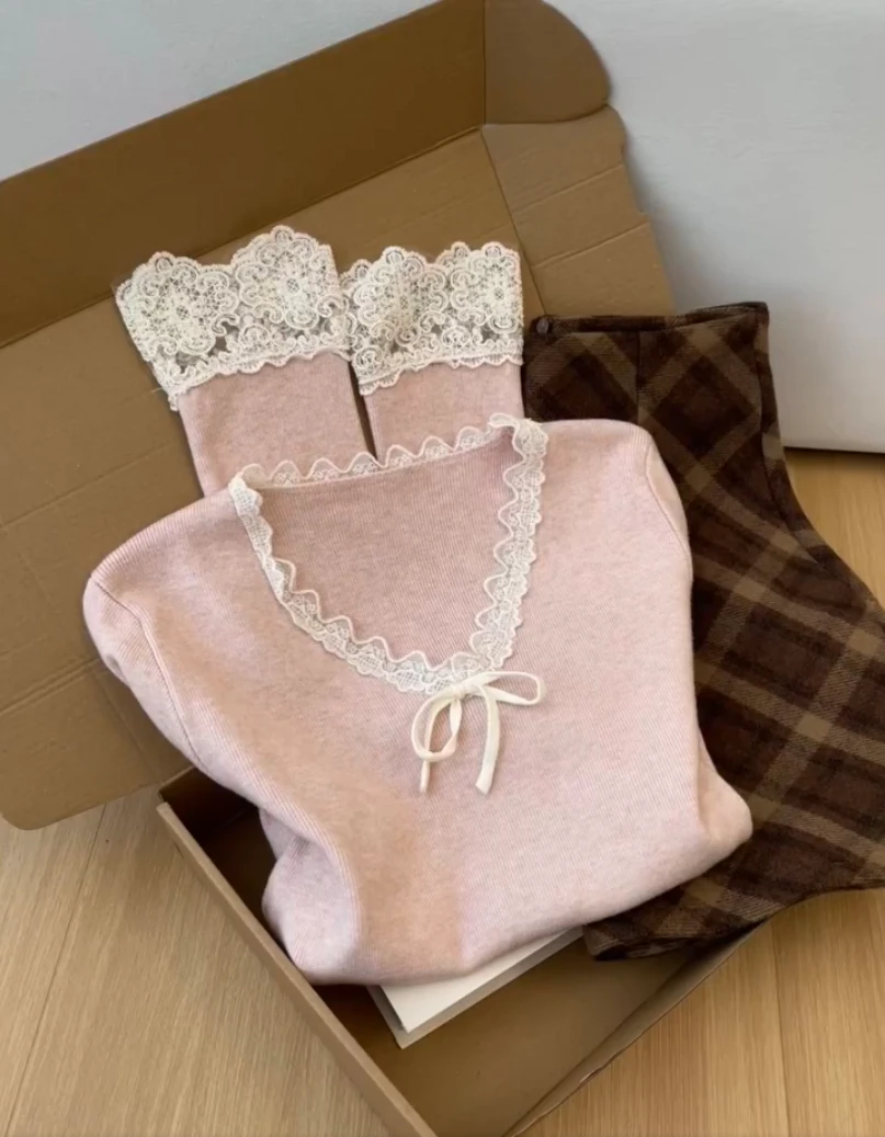 蝴蝶结系带蕾丝V领拼接针织衫女秋季穿搭上衣长袖修身甜美上衣