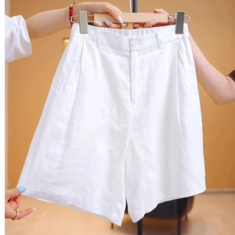 天丝亚麻5分短裤女2025夏季薄款阔腿热裤高腰宽松直筒棉麻五分裤