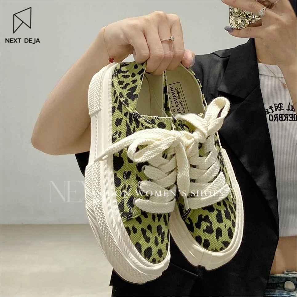 一脚蹬懒人可踩韩系时尚百搭饼干鞋厚底板鞋小众休闲豹纹帆布鞋女