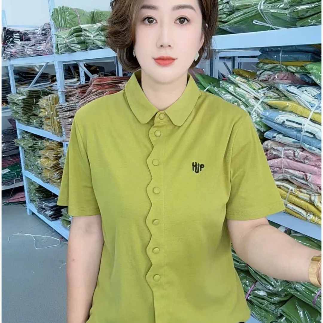 2025夏季新款女士时尚休闲百搭polo领短袖T恤波浪门襟翻领上衣