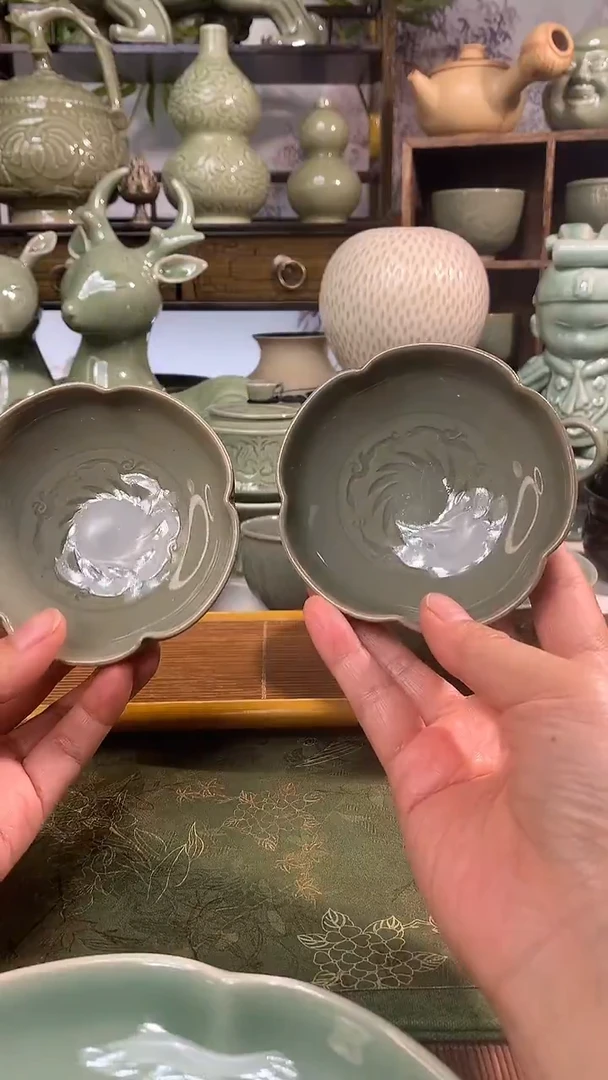 仁*耀州窑青瓷花口普洱杯四只