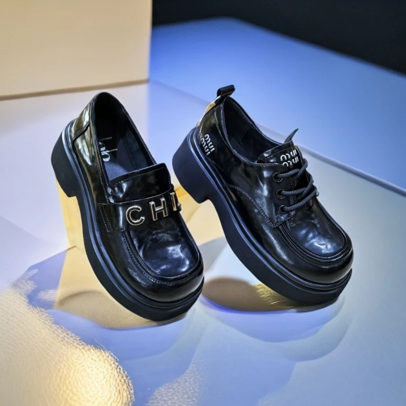 牛皮女鞋2025春新款圆头厚底英伦风小皮鞋系带百搭乐福鞋低帮单鞋