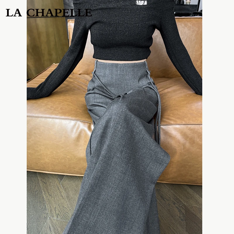 拉夏贝尔毛呢阔腿西装裤女春秋2025新款高腰垂感拖地裤宽松直筒裤