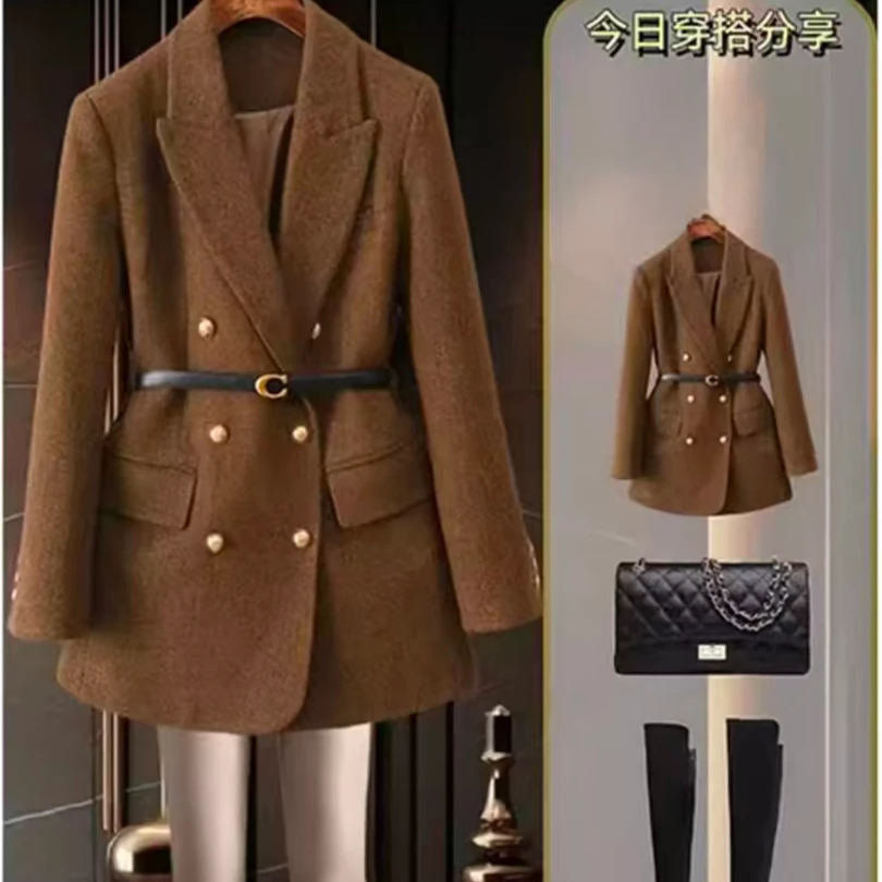 1148#衣长70美拉德西装外套女秋冬新爆款收腰显瘦中长款毛呢大衣