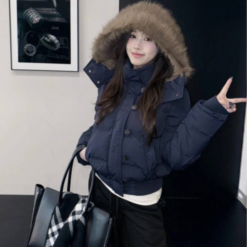 冬季新款连帽毛领加厚保暖短款棉服外套网红时尚炸街新款女装棉袄