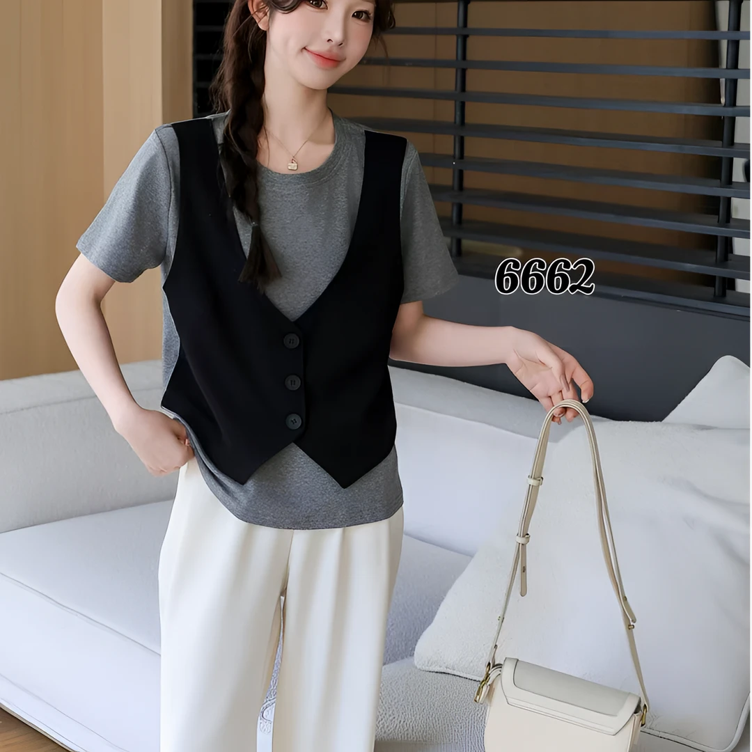 晓琳家 6662款 马甲3个扣假两件设计感短袖上衣