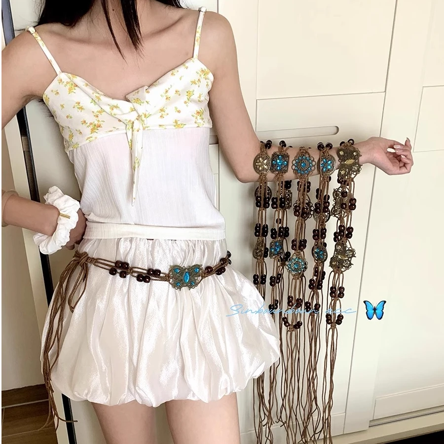 民族风串珠腰链配裙子腰带波西米亚休闲复古镂空百搭钩花腰绳女