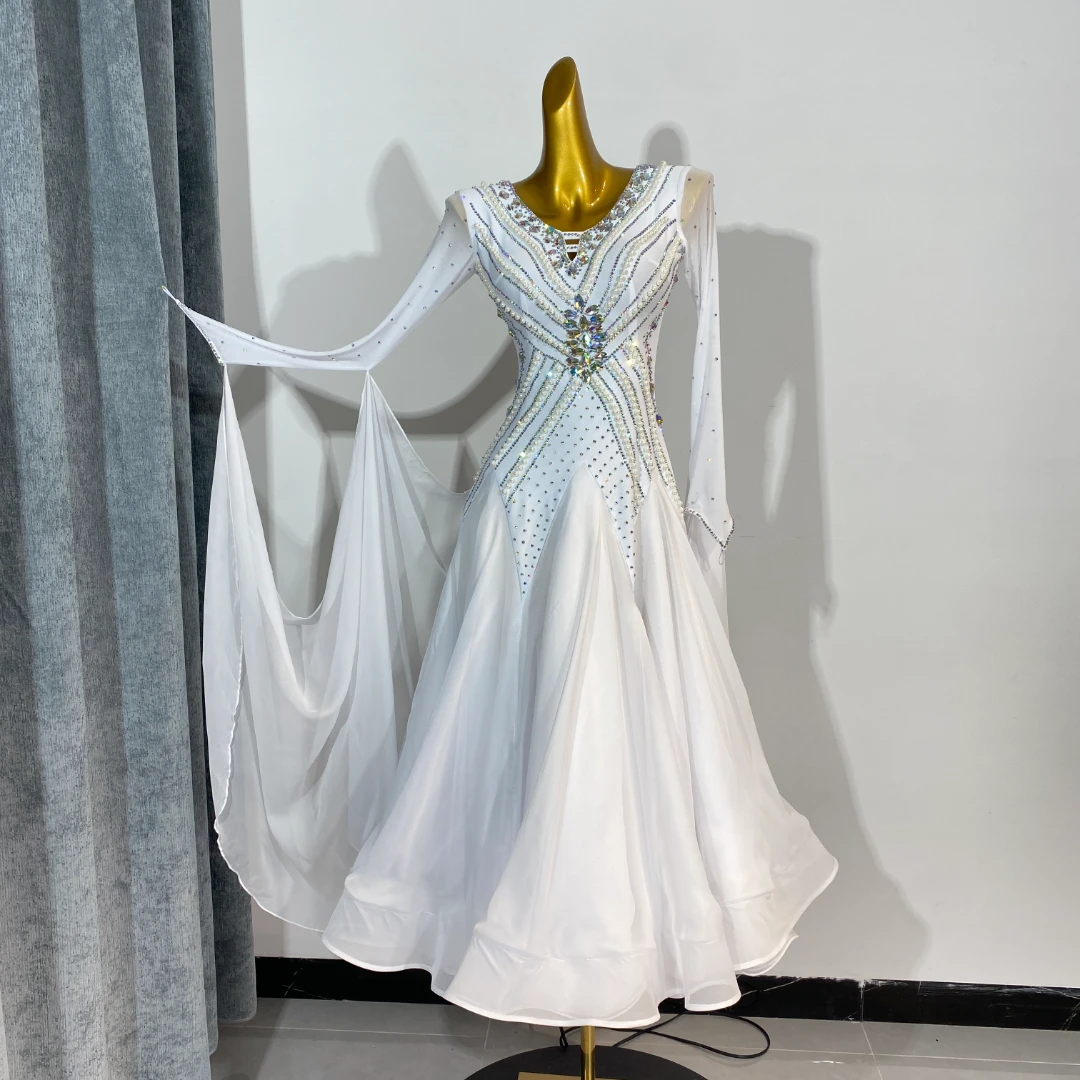 华亦白色天丝面料摩登舞国标舞交谊舞华尔兹连衣裙高档定制