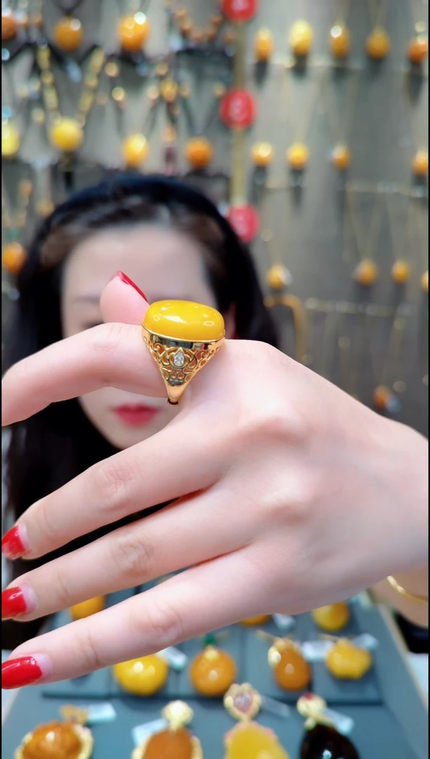 【闪购商品】蜜蜡戒指银S925镀金镶嵌A098蜜蜡戒指