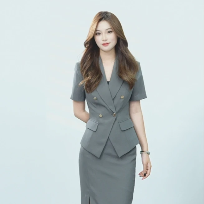 夏日换新灰色短袖女套装百搭不挑人高级感显瘦轻奢气质修身通勤装