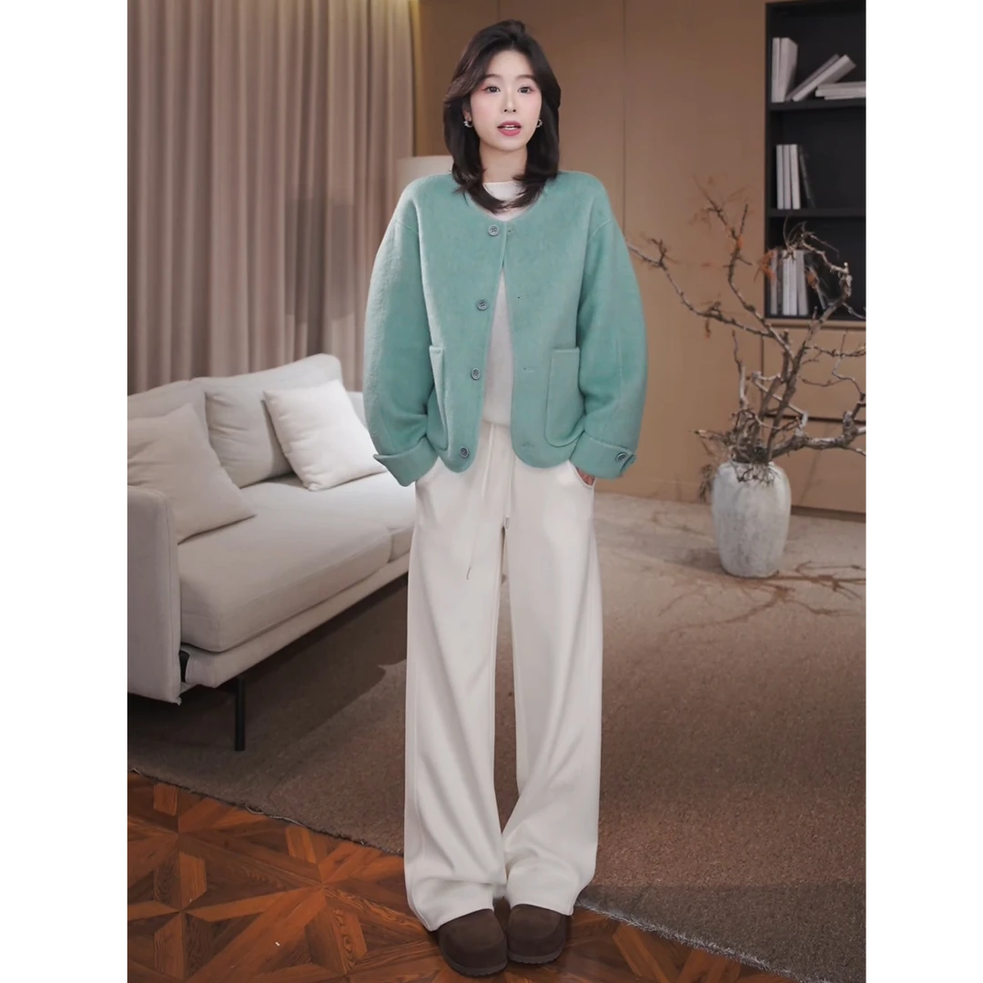 广州琴姐【糯感云朵裤】宽松百搭绵羊毛松紧腰显瘦休闲裤女秋冬9355