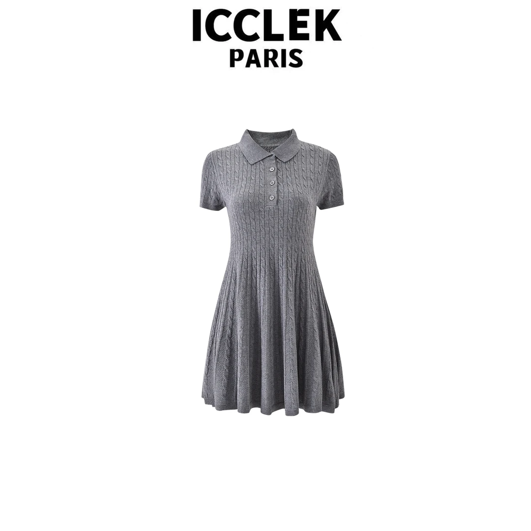 XY ICCLEK 翻领双绞花短袖连衣裙 轻奢 气质 显瘦 连衣裙 -1293