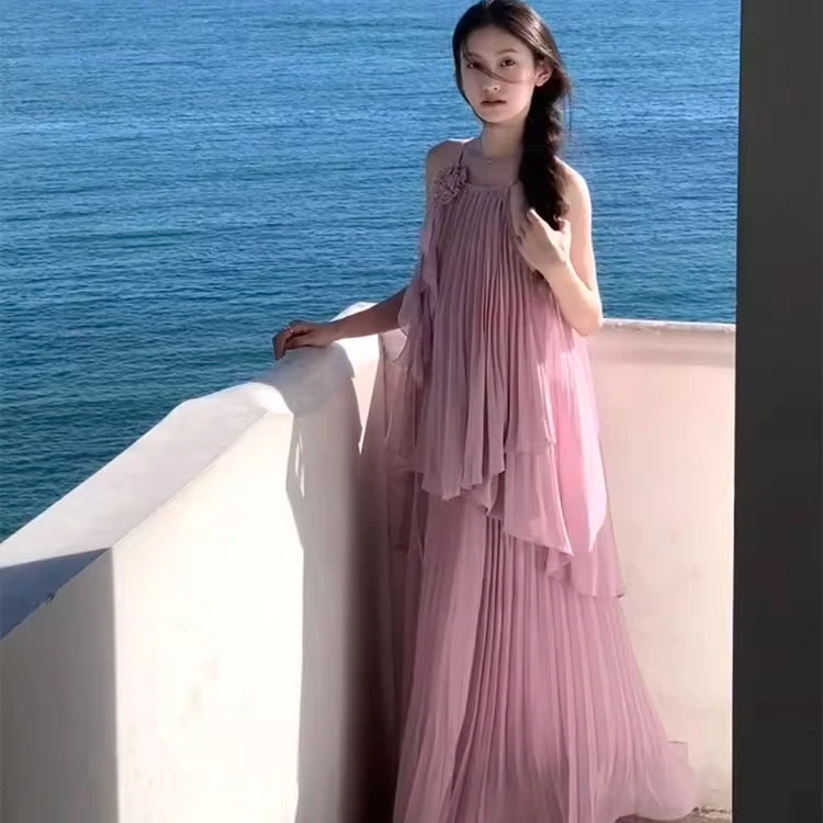 海边度假雪纺长裙法式超仙紫色吊带上衣百褶半身裙两件套装连衣裙