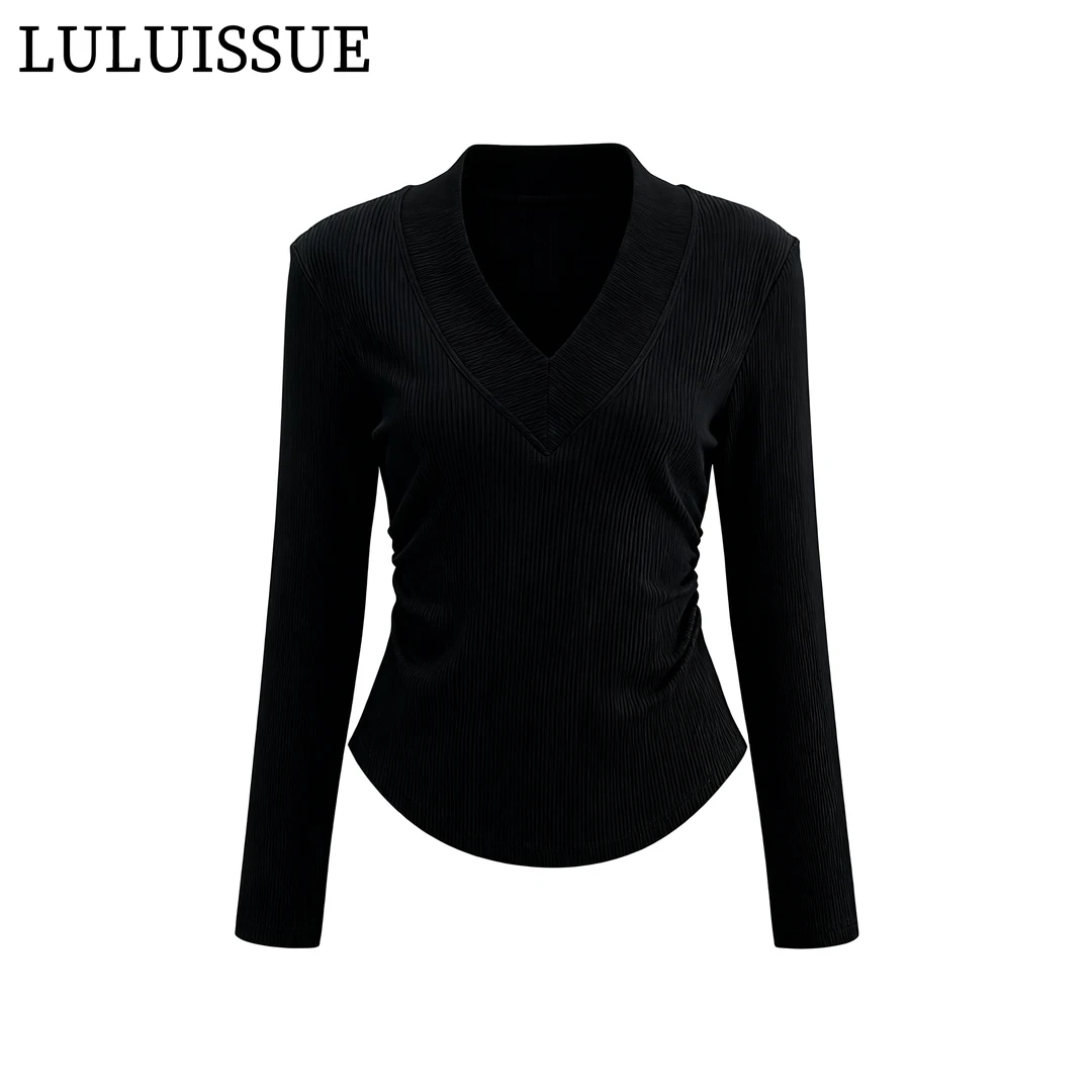 LULUISSUE正肩纯色领长袖打底衫女早秋季新款修身显瘦内搭短上衣