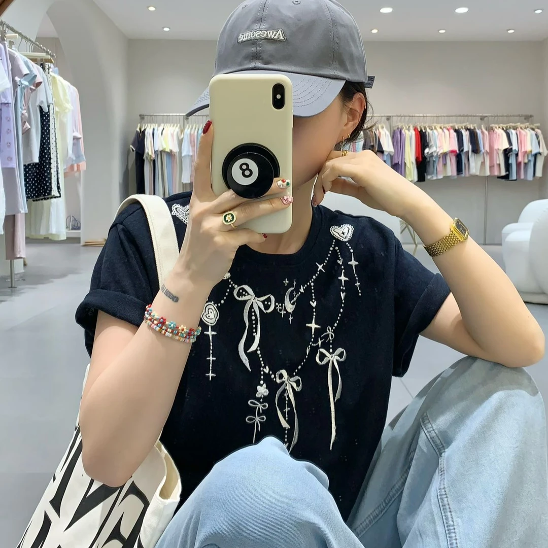 夏季新款薄款时尚刺绣休闲百搭宽松显瘦圆领短袖T恤女8390