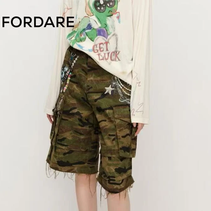 FORDARE/25春夏独特珍珠小狗吊坠毛边宽松工装短裤宽松阔腿裤1299