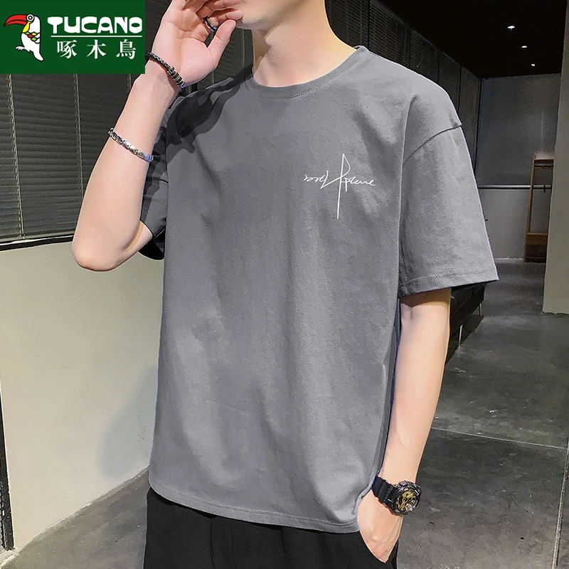 啄木鸟2025夏季纯棉t恤男士潮流宽松休闲港风青年舒适运动打底衫