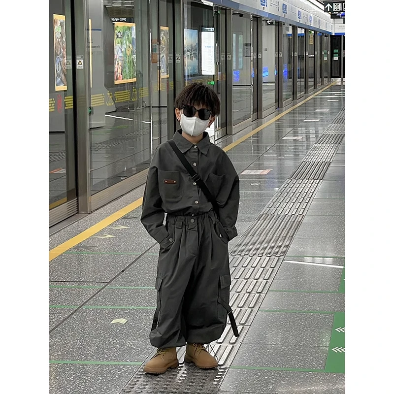 男童套装日系工装风纯棉衬衫2025秋装新款儿童酷帅街潮衬衣022