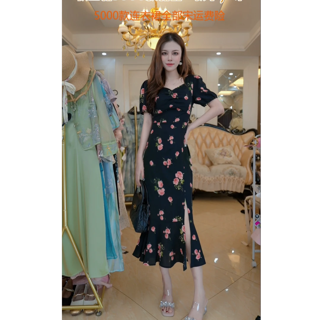 短袖鱼尾连衣裙女气质开叉长裙黑色碎花裙子A36115