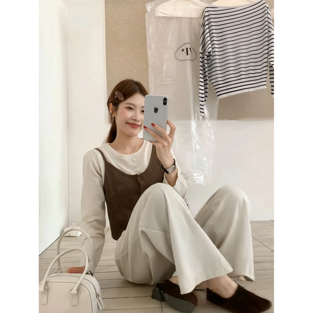 撞色吊带针织衫两件套上衣女2025早秋新款式宽松减龄时尚气质毛衣