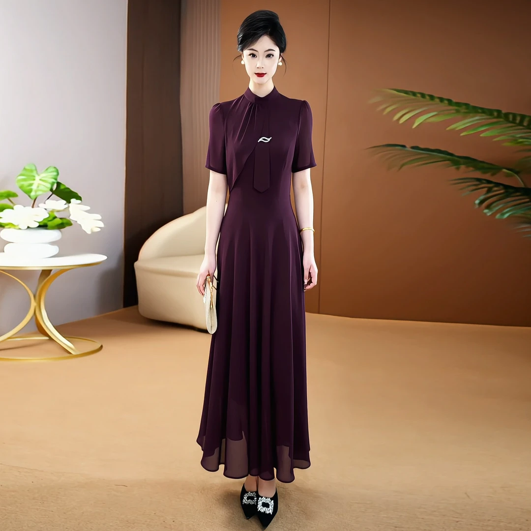 富贵紫连衣裙2025夏新款莱赛尔蝉丝轻奢气质显瘦爆款度假长裙079