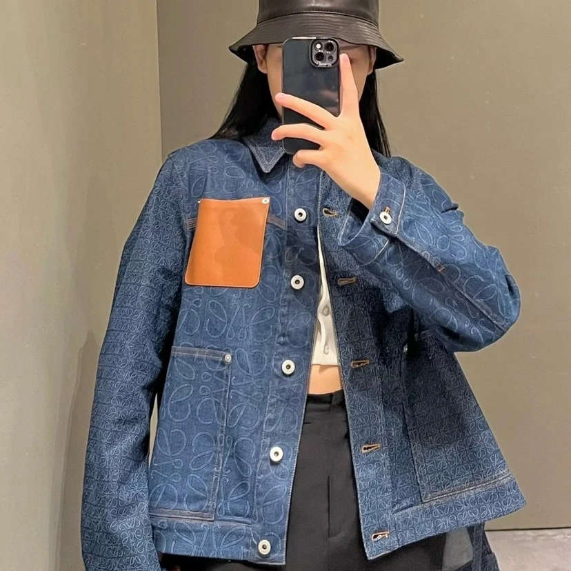 99新 LOEWE/罗意威 IM0380 深蓝色logo满印棉质牛仔夹克外套 36码