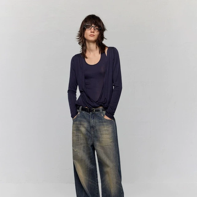 出逃赤岗西设计感假两件可调节绑带挂脖莱赛尔长袖T恤