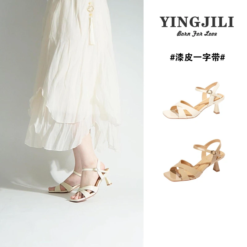 英吉丽高跟凉鞋女款新款外穿夏季时尚漆皮一字带细跟配裙子