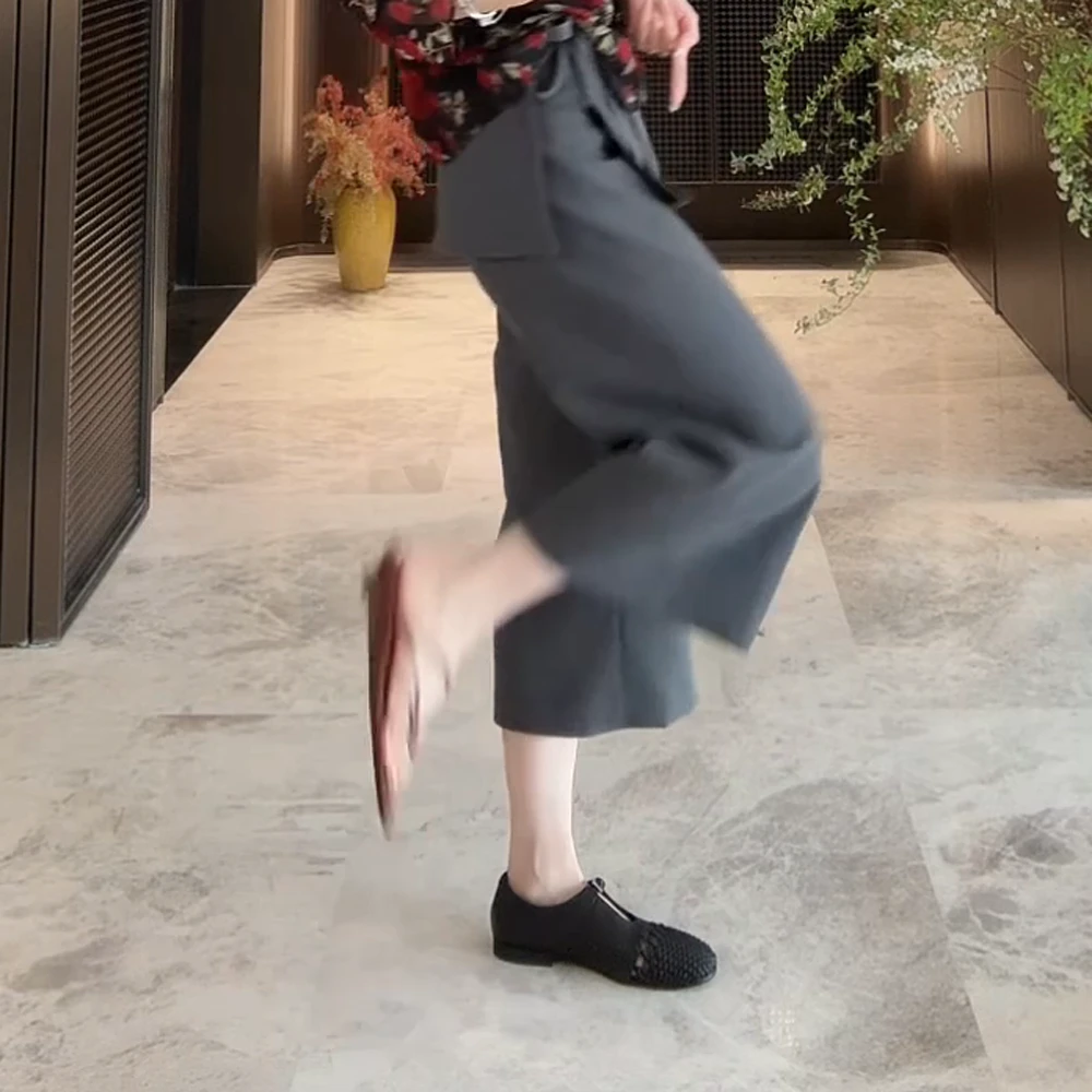 “落可可”2025夏季高级感阔腿裤假两件裙裤西装裤裤子高腰直筒宽松