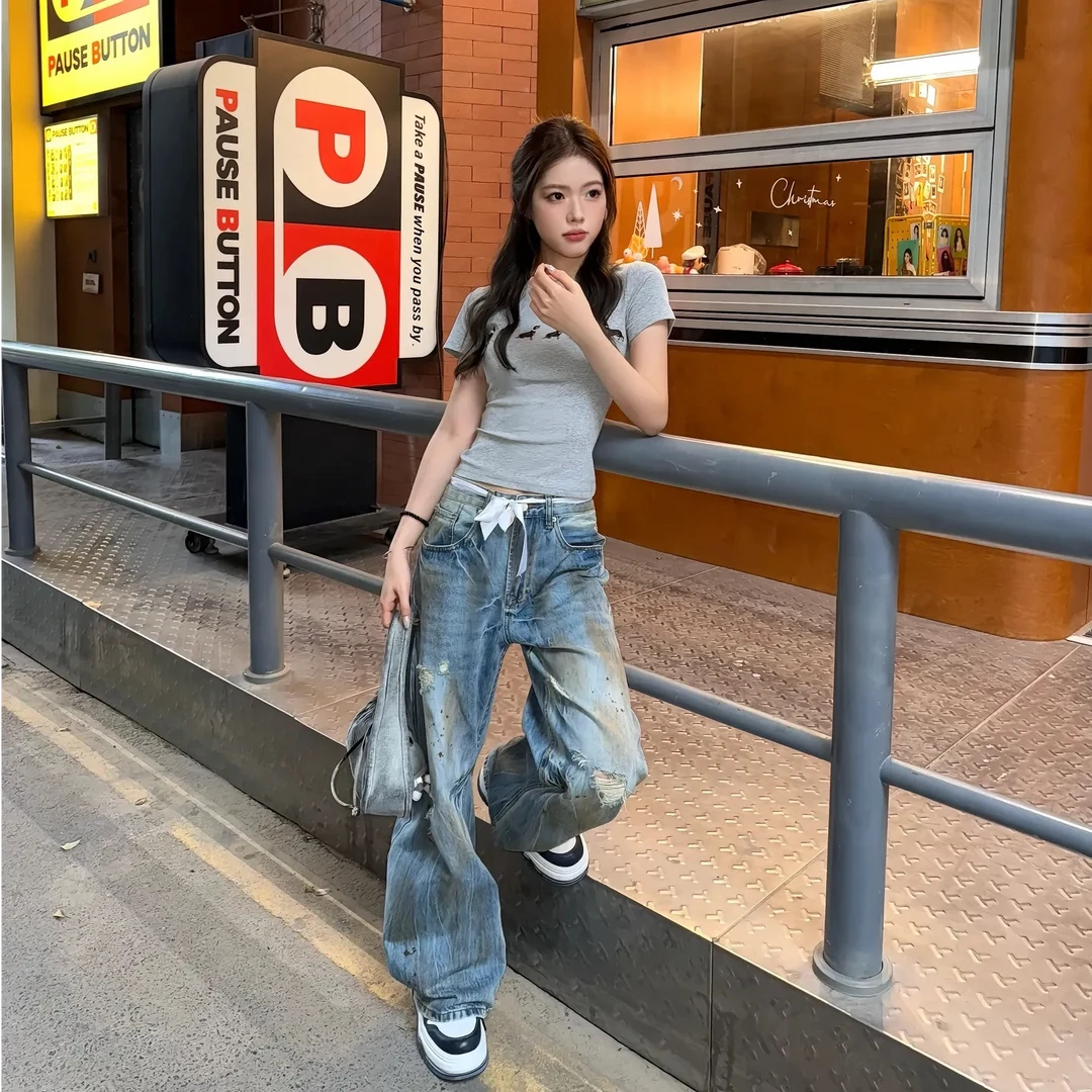 朱朱同款宽松脏脏牛仔裤美式复古小众设计感破洞猫须情侣裤子