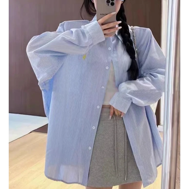 春季休闲衬衫上衣衬衣长袖百搭宽松条纹小众中长款韩版女士衬衣