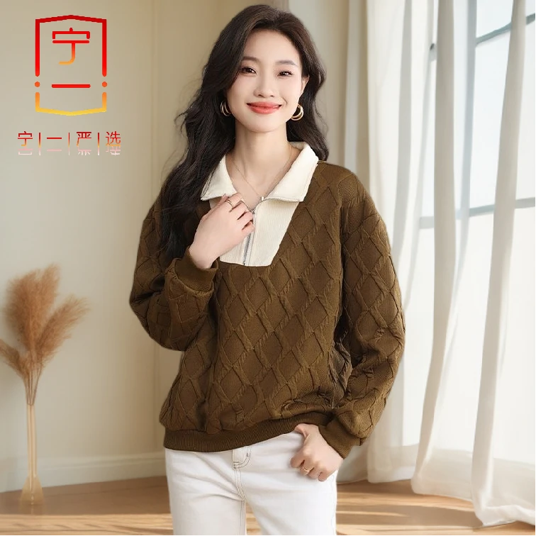 【宁一女装】外穿短款加厚撞色拼接翻领卫衣春秋季新款时尚百搭外穿