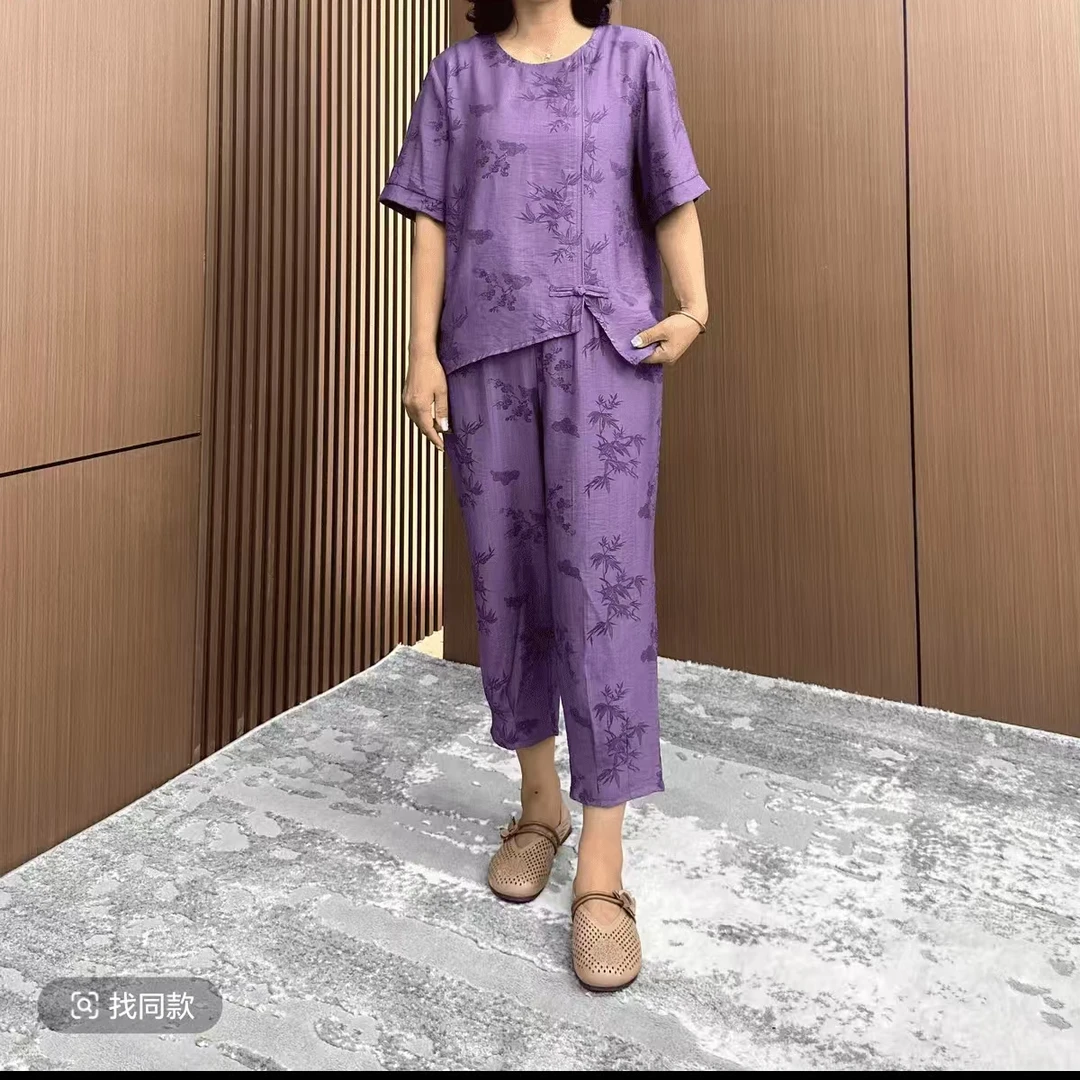 8038夏季新款时尚妈妈装新中式休闲宽松印花中老年女装套装新仓库