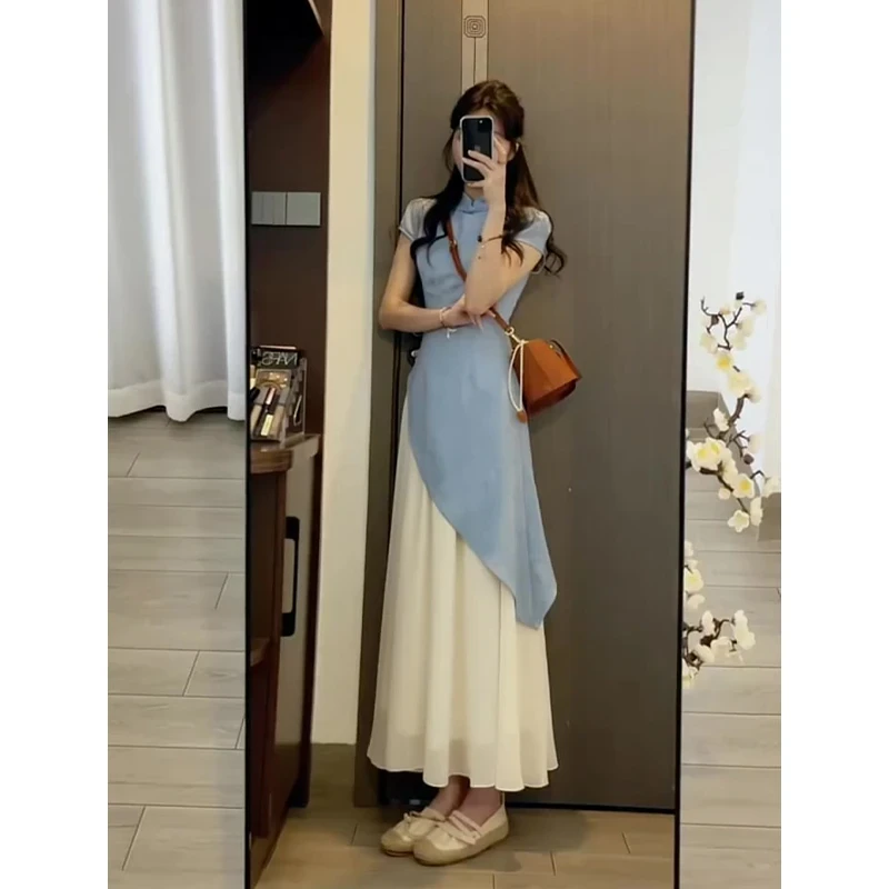 连衣裙女2025夏季新款新中式气质立领设计感收腰显瘦假两件裙子