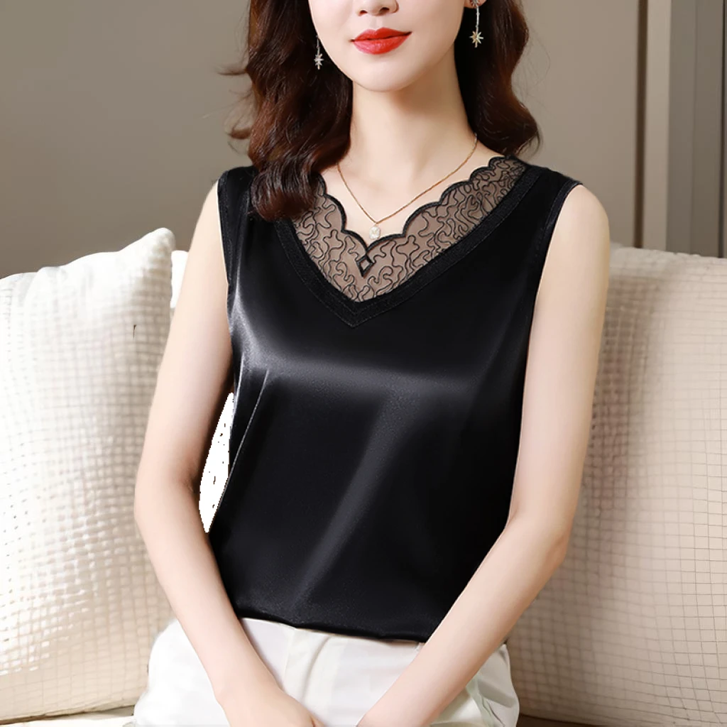 夏季高级感吊带背心女士内搭西装缎面v领无袖打底衫大码外穿上衣