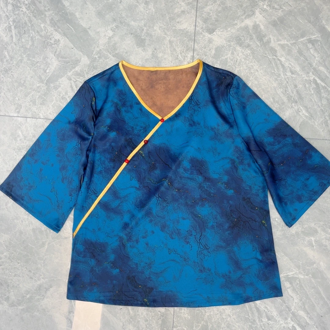 【蓝海】新中式红云纱国风斜襟衬衫上衣