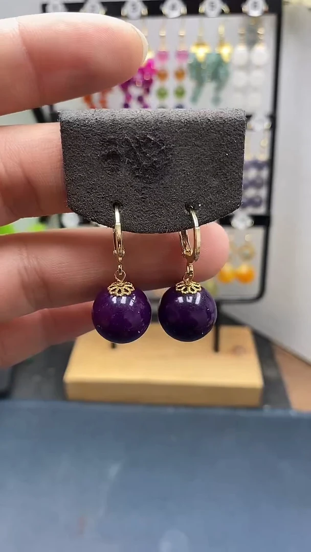 银S925镀金镶嵌苏纪石（舒俱来）耳坠尺寸14mm耳扣11