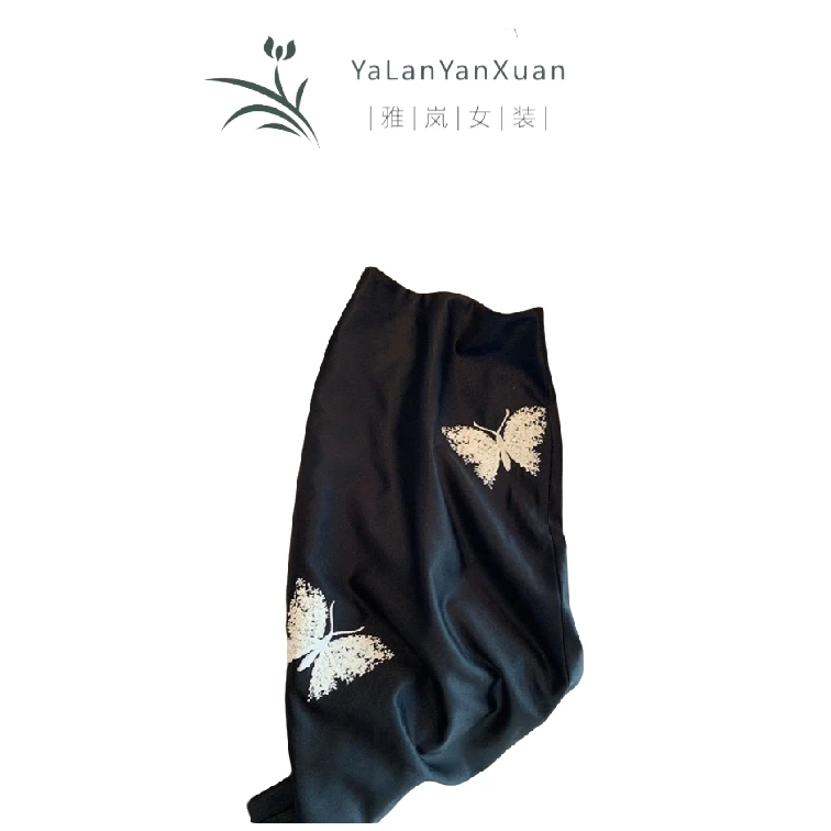【雅岚女装】时尚洋气显瘦专柜品质亮片蝴蝶刺绣开叉半身裙气质中式