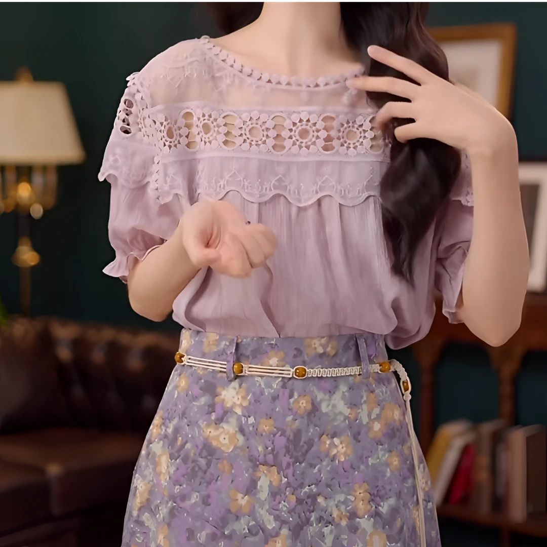 2025夏季新甜美休闲百搭短袖衬衫洋气拼接小众设计时尚气质女上衣