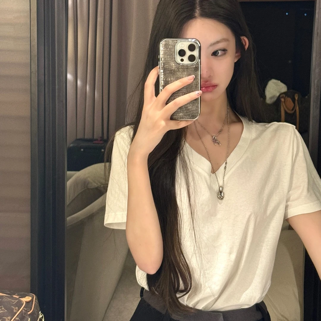 【慵懒设计款】大码V领短袖T恤宽松遮肚减龄显瘦松弛感半袖上衣遮肉