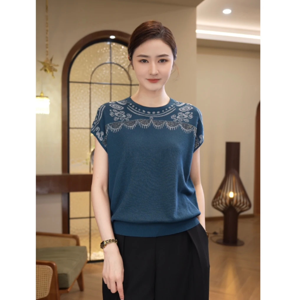 现货2025夏季新款【LT-1137】薄款天丝气质短袖蓝色圆领针织上衣女