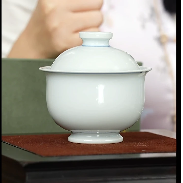 【小乔赏瓷】涂杏花青白瓷元宝盖碗TXH73.