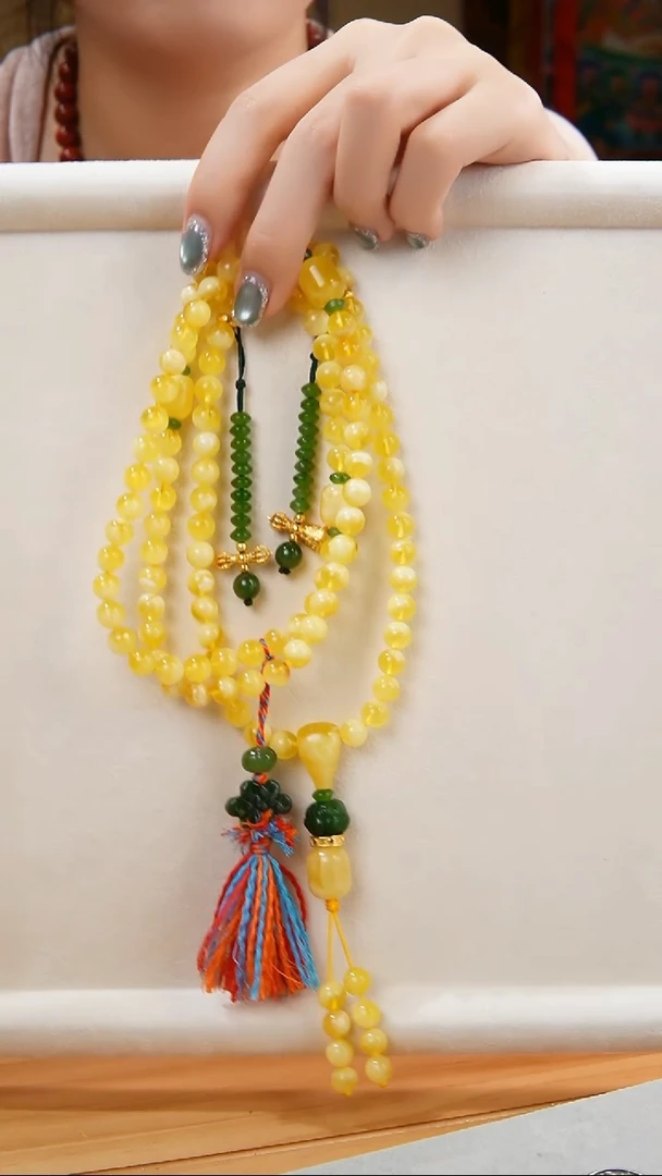 蜜蜡颈饰银S925镀金镶嵌蜜蜡108